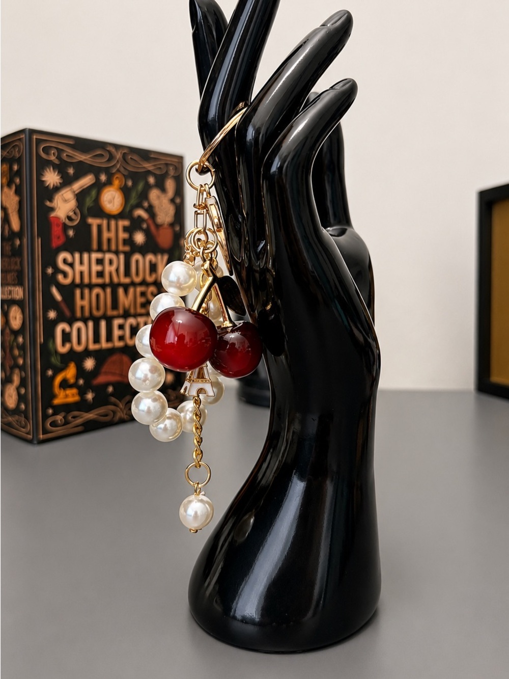Cherry Pearl Bag Charm Keychain Gold Purse Charm Cute Gift for Her